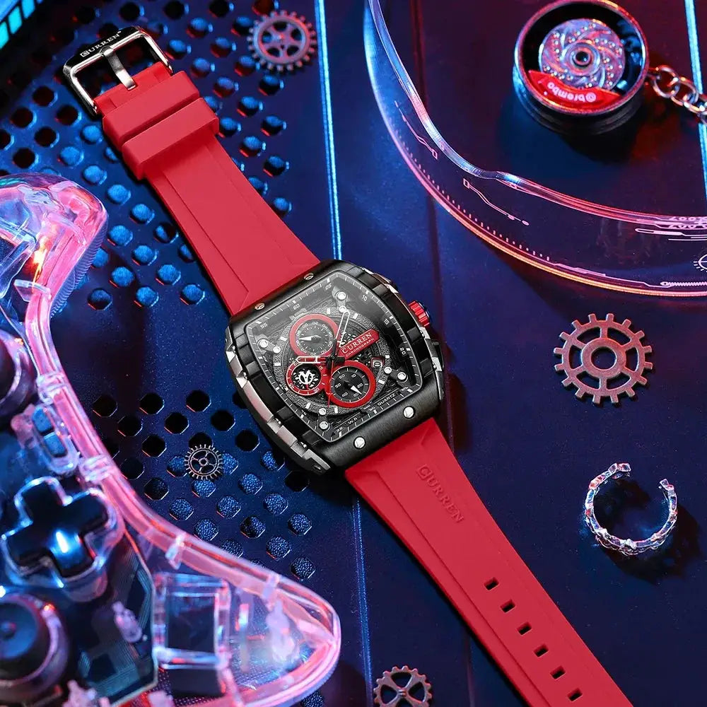 Curren luxury square watch with red band on tech-themed background, OurLum.com lifestyle product