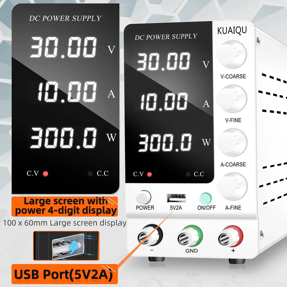KUAIQU Lab DC Power Supply 30V 10A 6A, Adjustable Switching Bench Power Supply 60V 5A 120V 3A, Preset Current 20A 30A 60A, 4 Digits Display, High Precision, Stable Output