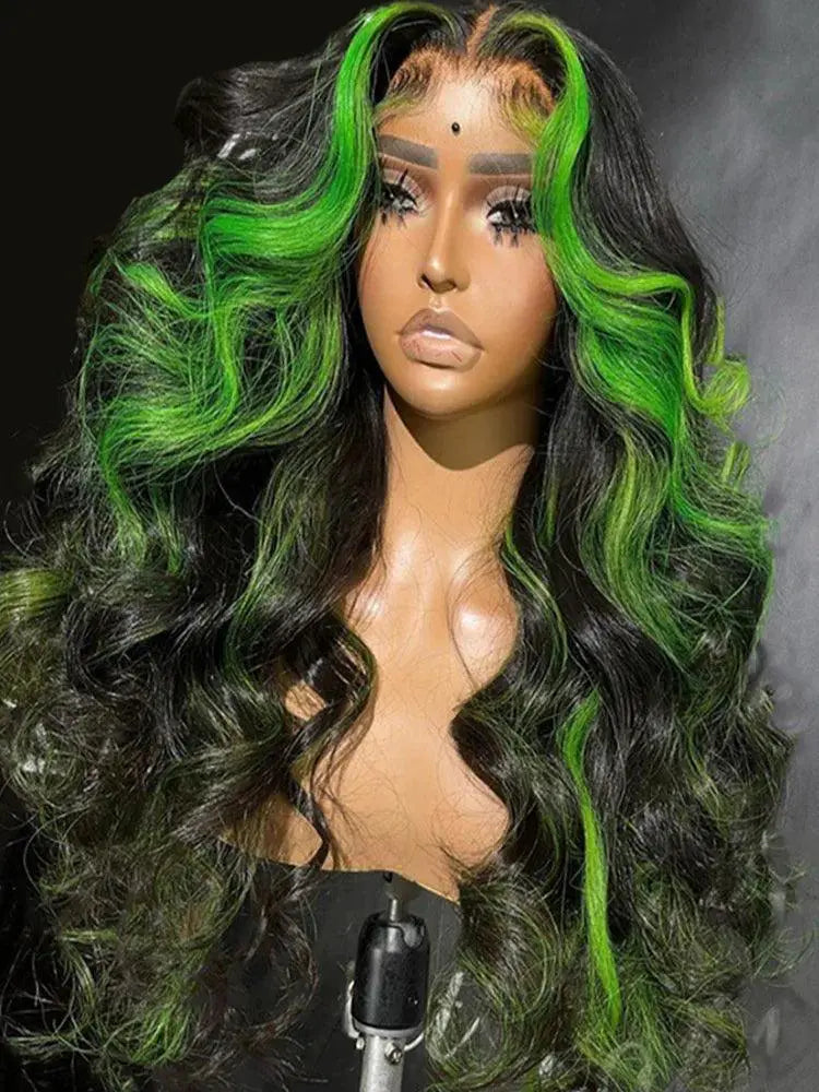 38 Inch Ombre Green Lace Front Wig Body Wave Remy Human Hair