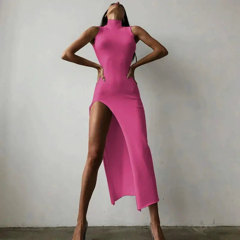 Y2k Sleeveless Orange Midi Women's Dresses Side Slit Turtleneck Setting Bodycon Sexy Party Elegant Dress 2024 Basic Vintage Robe
