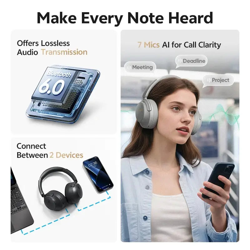 QCY H3S Over Ear Headphone Hi-Res LDAC Spatial Sound Headset H3S -56dB Adaptive ANC Wireless Earphone Bluetooth 6.0 102Hrs