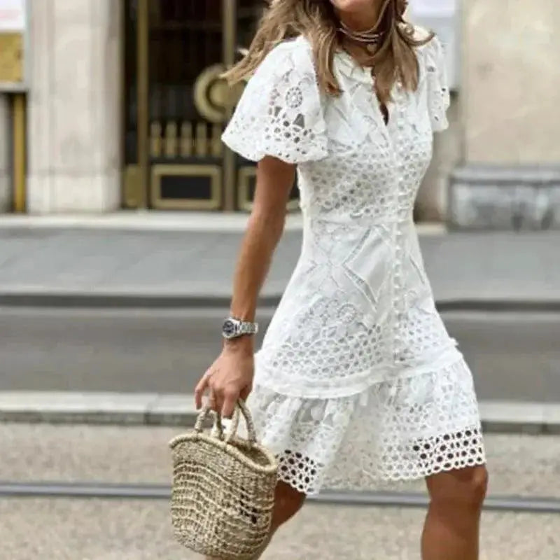 White Lace Puff Sleeve Dress Elegant Holiday Office Attire