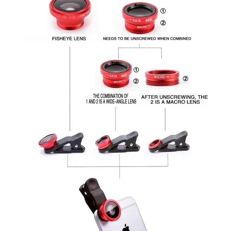 3in1 Fisheye Wide Angle Lens For iPhone Xiaomi Smartphone