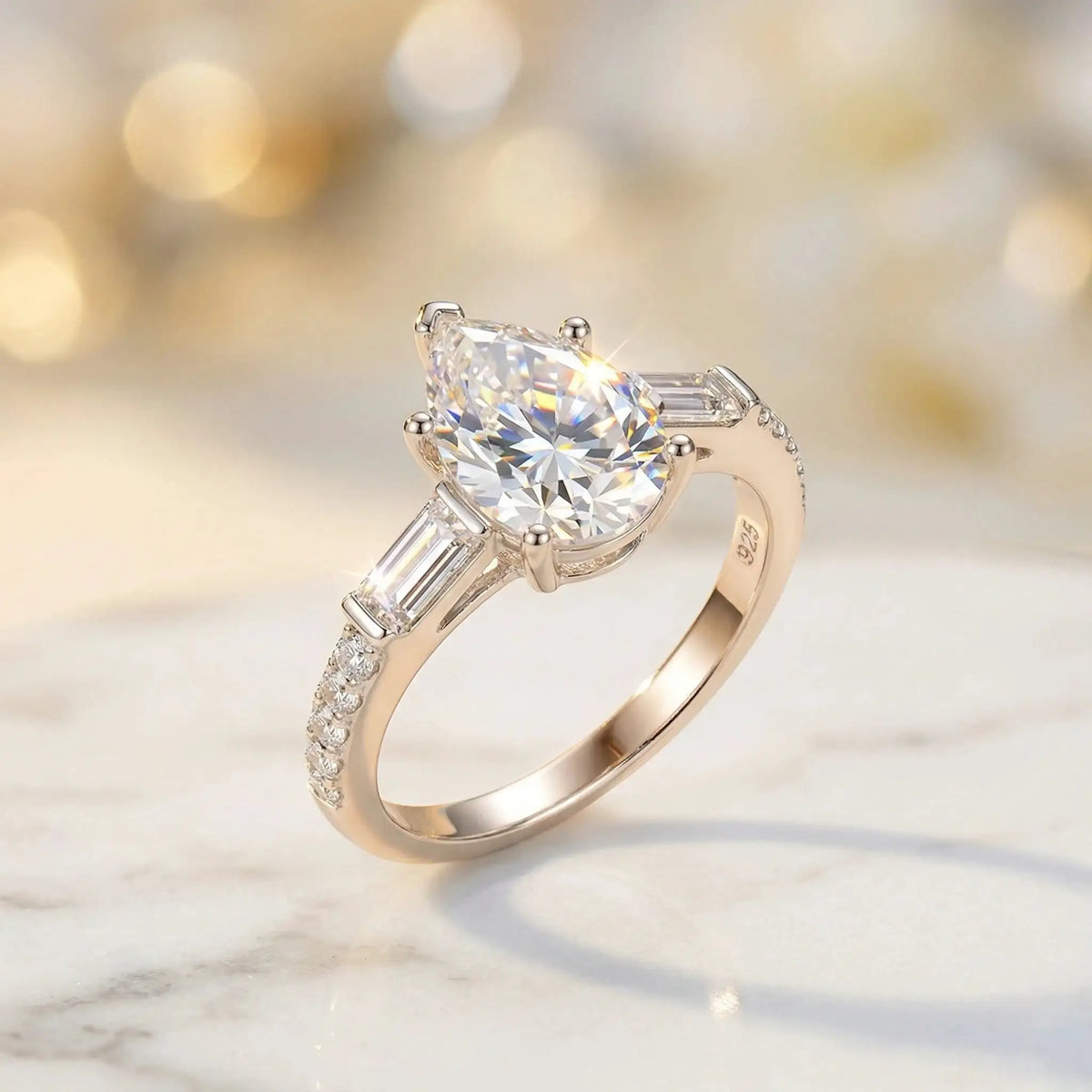 Pear Moissanite Ring in Sterling Silver Baguette — product view 2