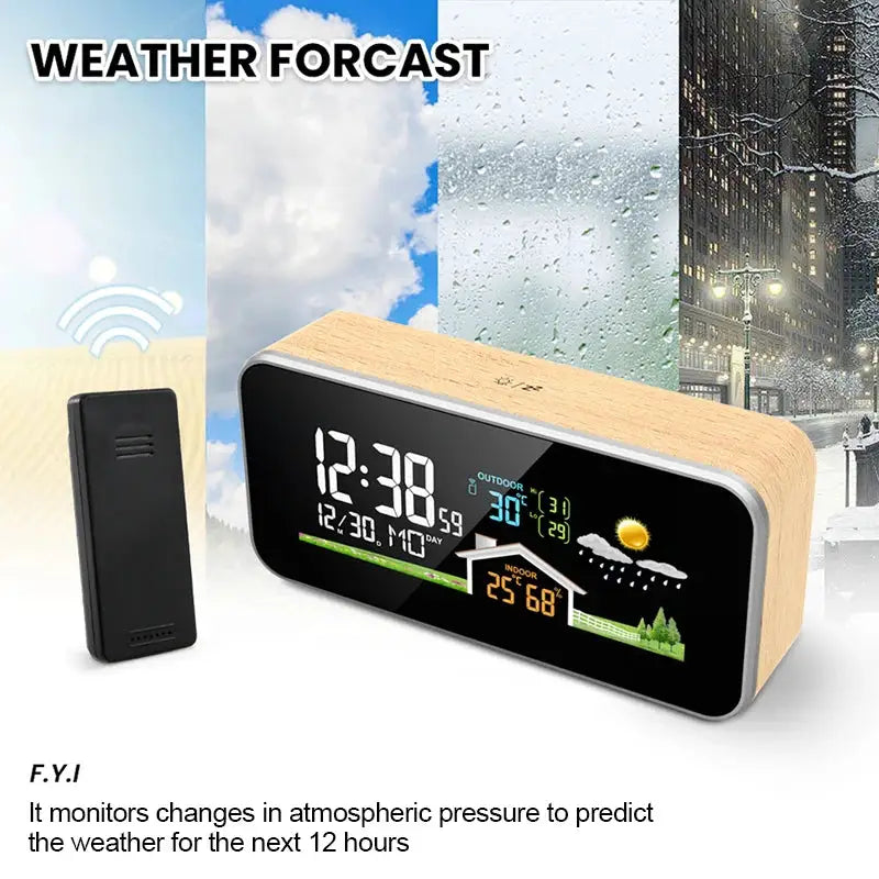 Wireless Weather Station Wooden Alarm Clock Digital Thermometer Humidity Temperature Wireless Sensor Home TimeWatch Desktop