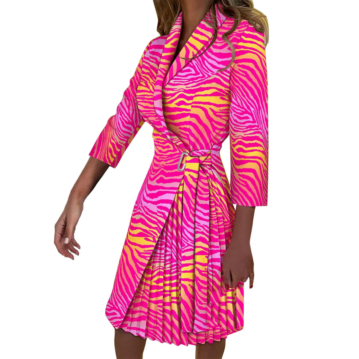 Pleated Patchwork Belted Blazer Dress