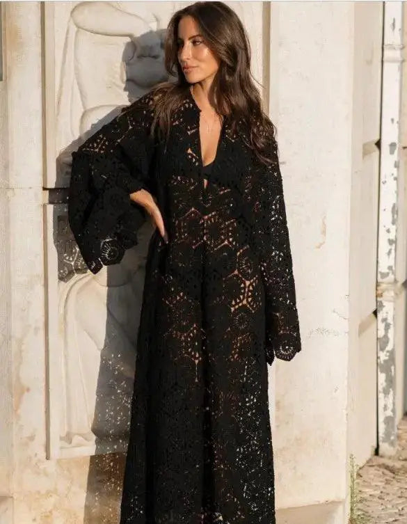 Sweet Lace Midi Dress Elegant Floral V Neck Flared Sleeves
