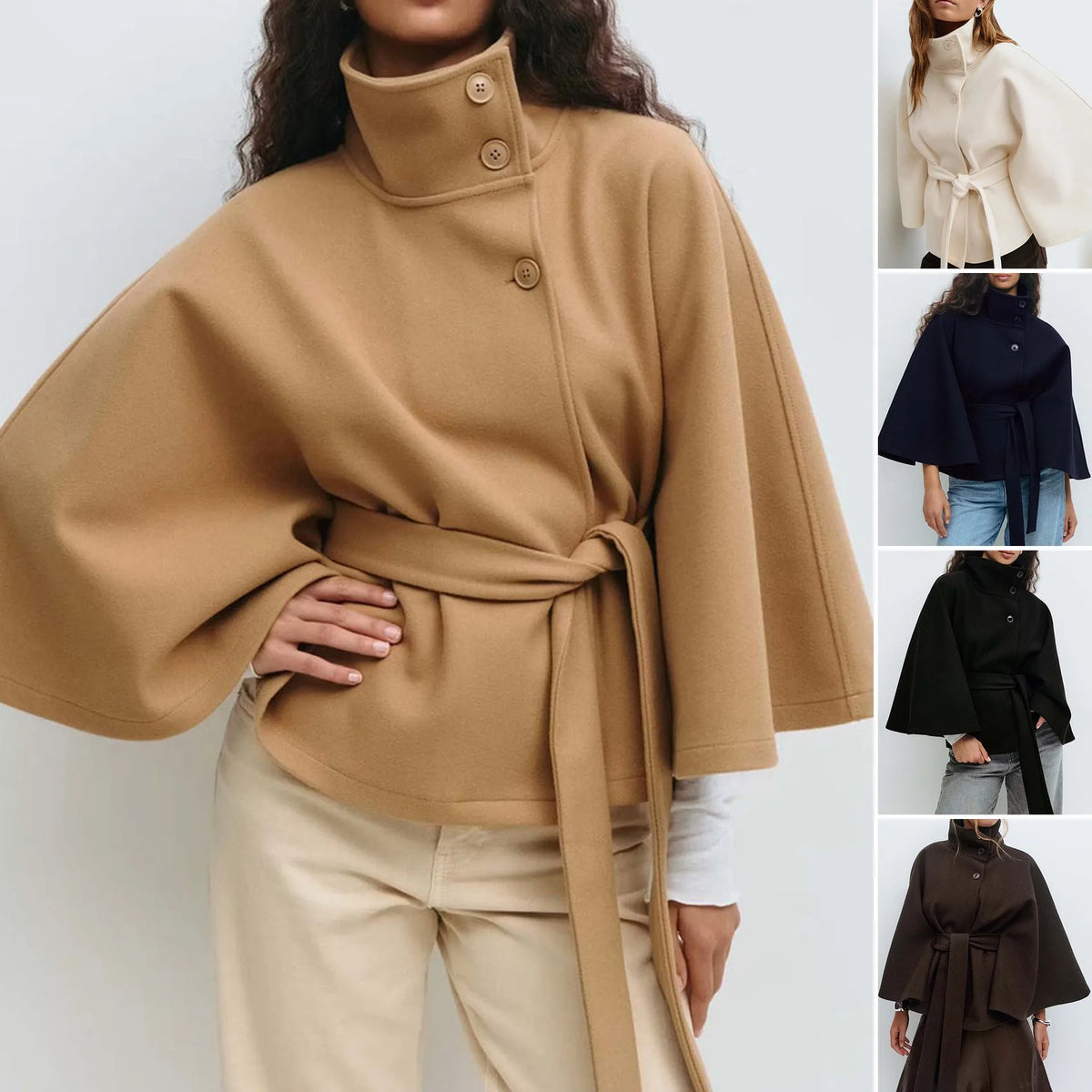 Belted Stand Collar Cape Coat