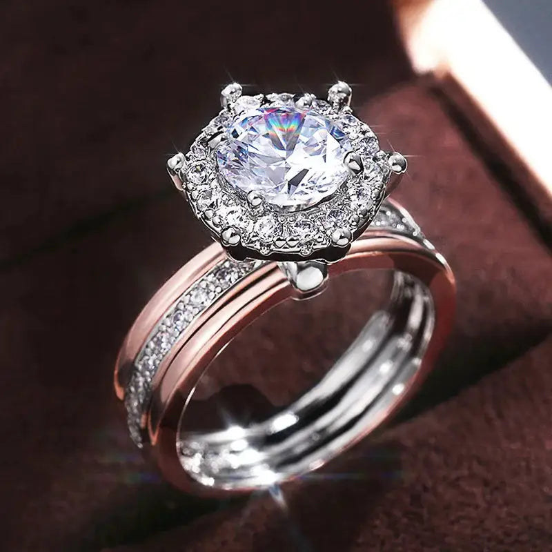 Flower-bud zircon ring with contrasting metal-tone detailing