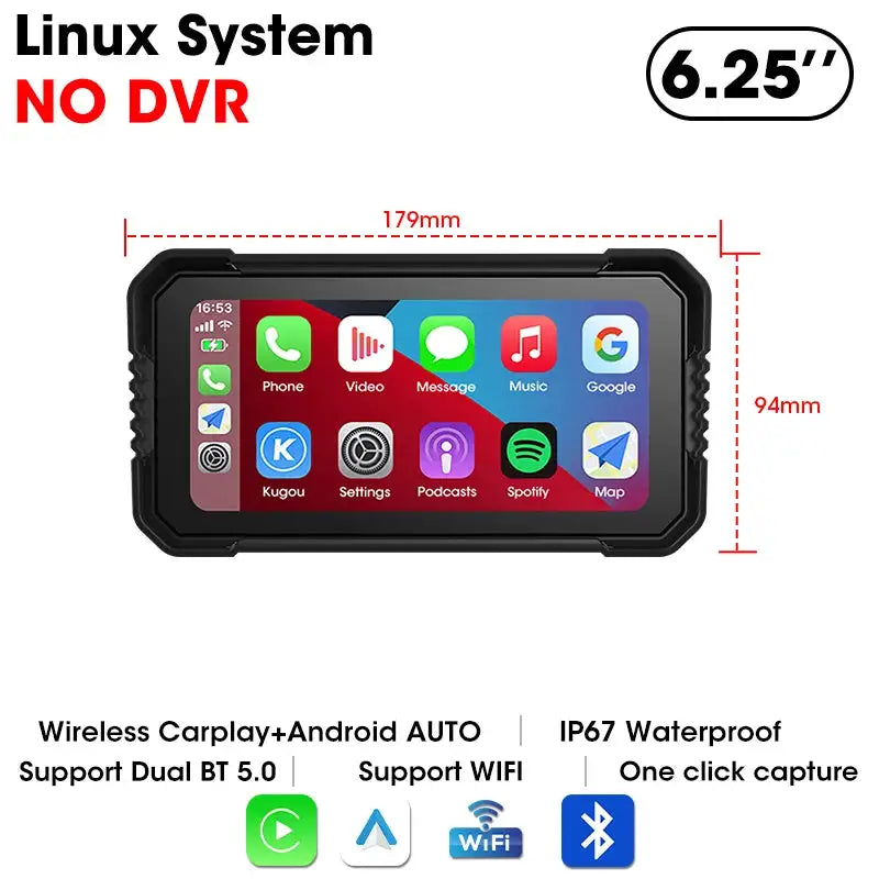 Jansite Portable 6.25" Motorcycle GPS Navigation Wireless Carplay Android Auto DVR Drive Recorder Moto Monitor IPX7 Waterproof