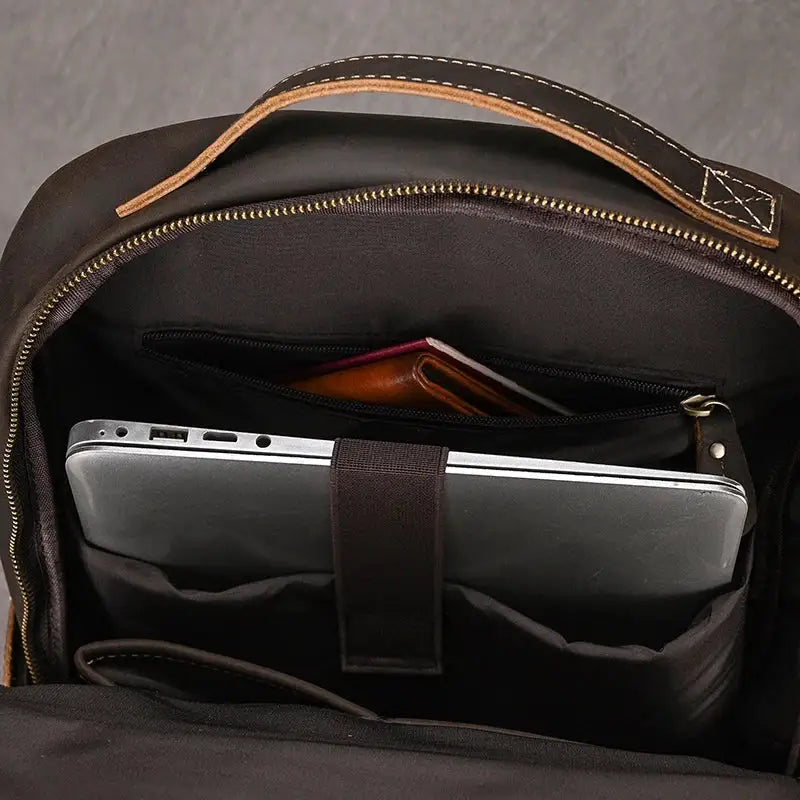 Men's Retro Crazy Horse Leather Laptop Backpack — product view 11