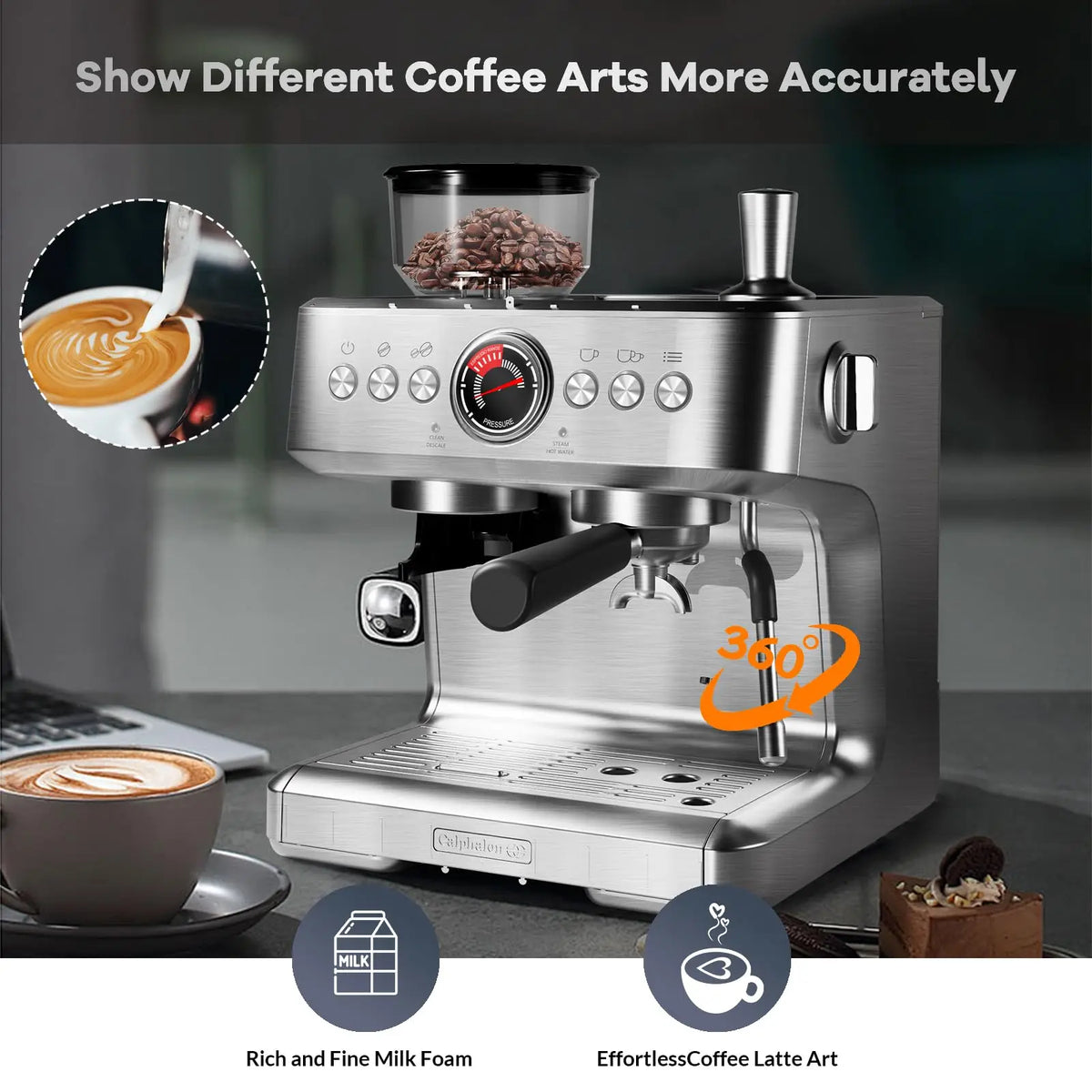 Professional Espresso Machine with Built-in Grinder, Grind — product view 6