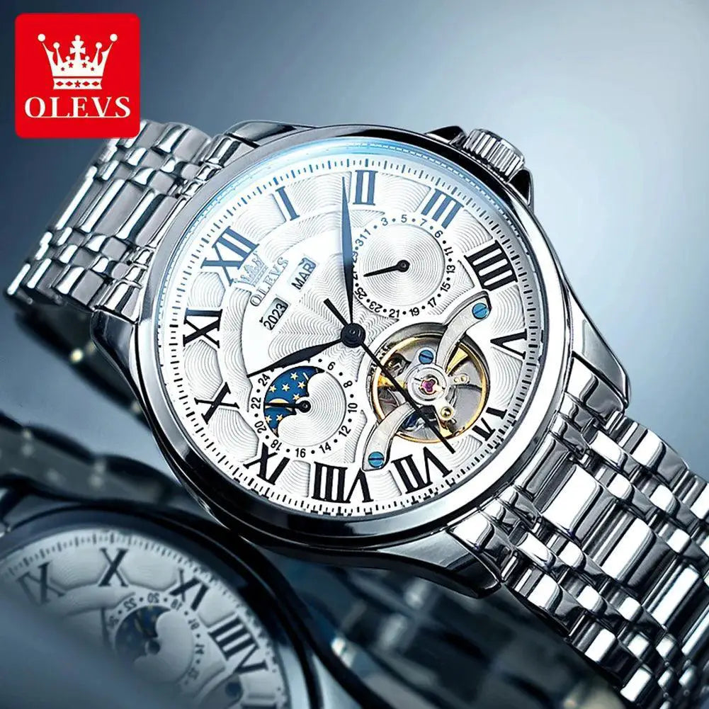 OLEVS Moon Phase Luxury Automatic Watch Roman Dial Steel