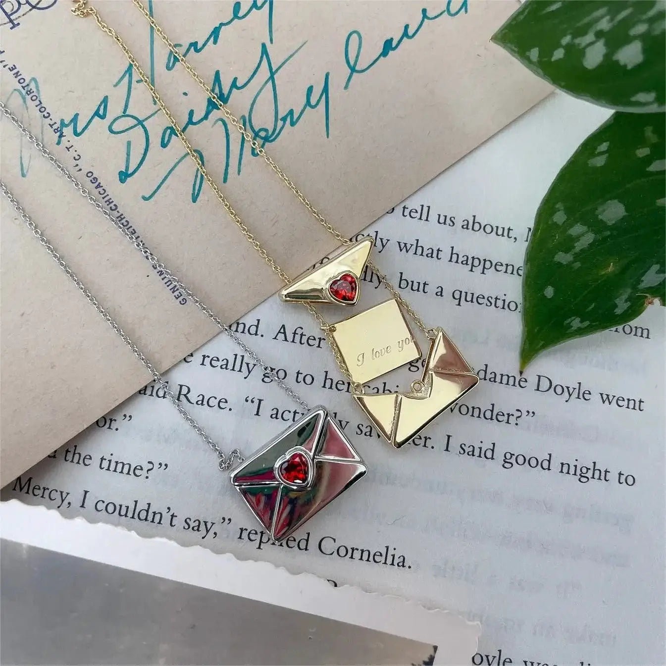 Copper Envelope Necklace Inlaid With Red Hearts Design