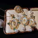 Women Gemstone Necklace and Zirconia Pearl Earrings Set in Textured 18K Gold