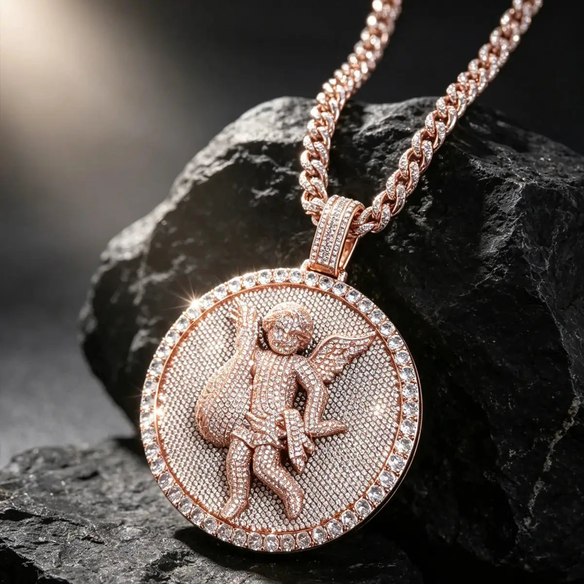 Gold Rose Gold Plated Cherub Angel Medallion Pendant Full Micro — product view 1