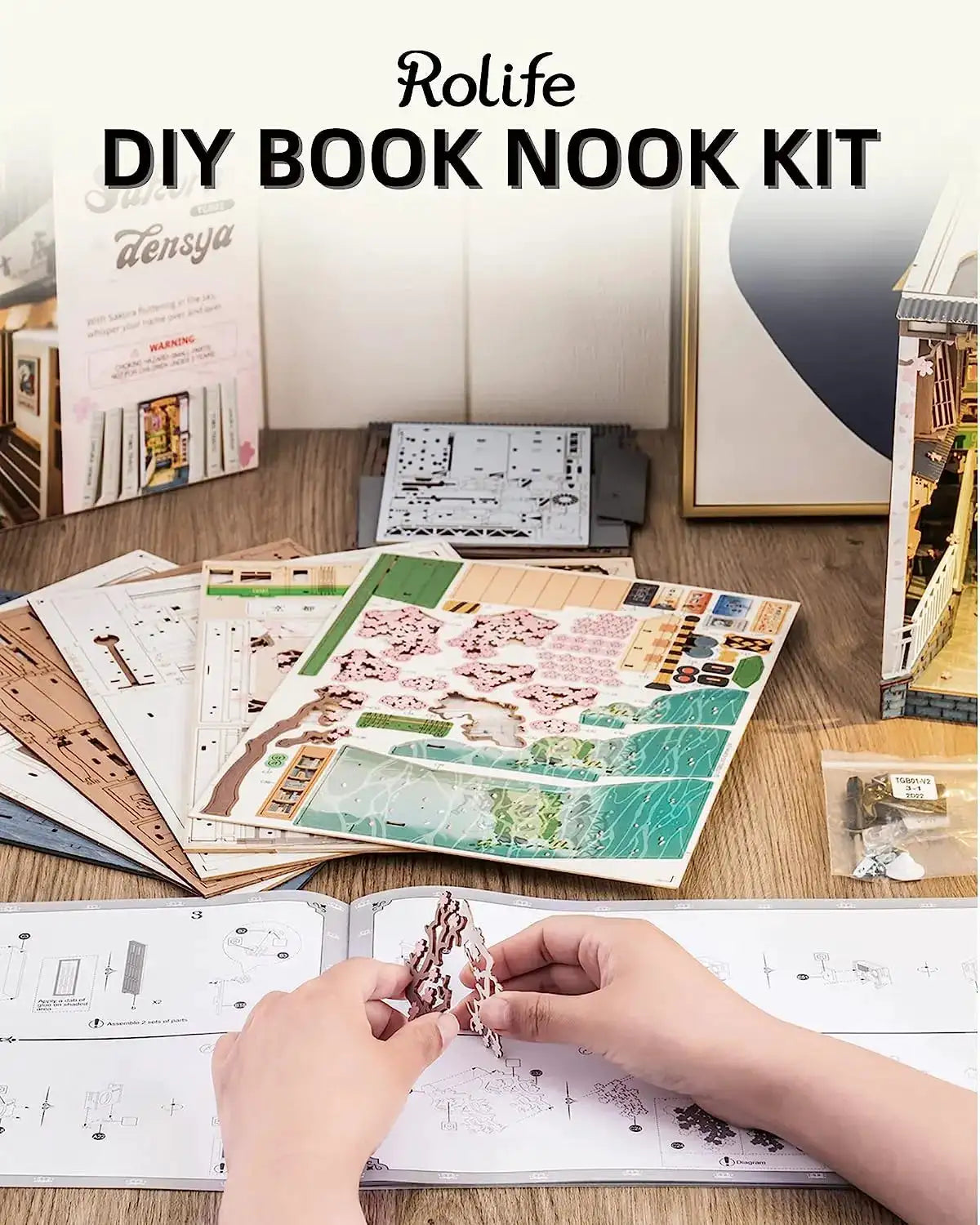 Robotime Sakura Densya Japan Book Nook Kit Glue-Free DIY Miniature House Model Kits 3D Wooden Puzzle Dust Cover Bookshelf Decoration Gift