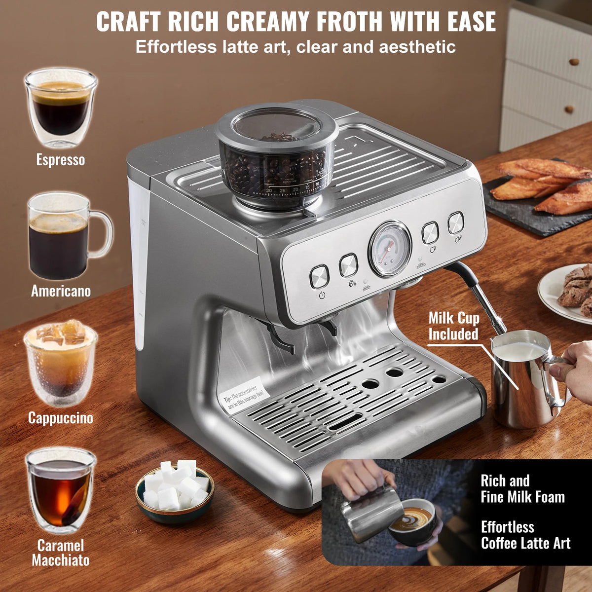 SucceBuy Espresso Machine with Grinder Semi-Automatic Coffee — product view 4