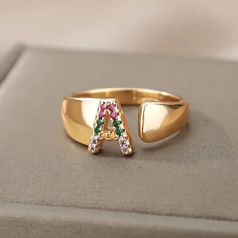 Rainbow Zircon Letter Rings for Women Fashion Jewelry