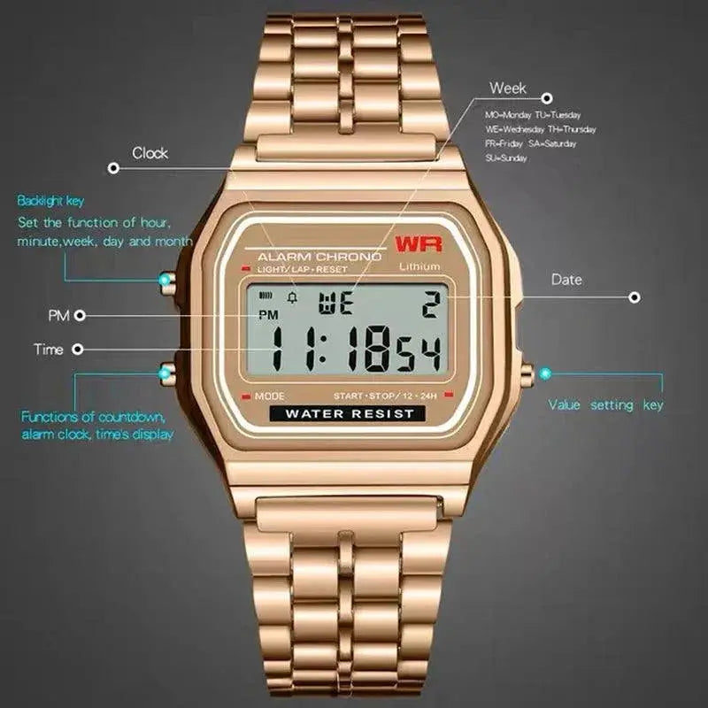 LED Steel Band Wristwatch With Alarm Stopwatch Timepiece