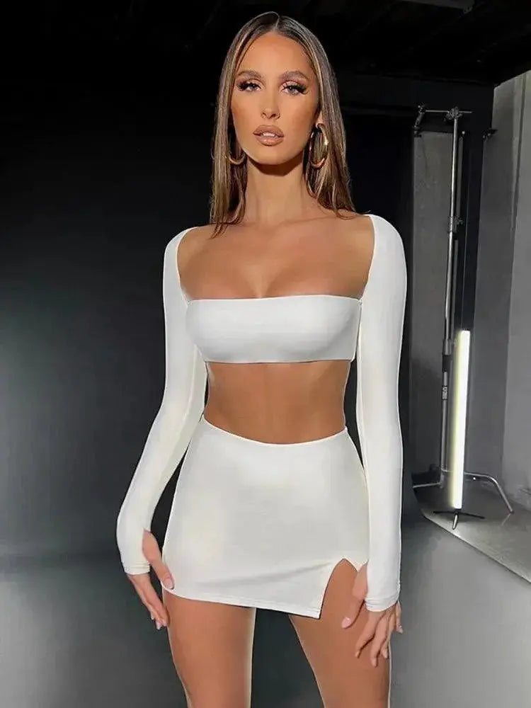 Mozision Sexy White Square Collar Two Piece Set For Parties