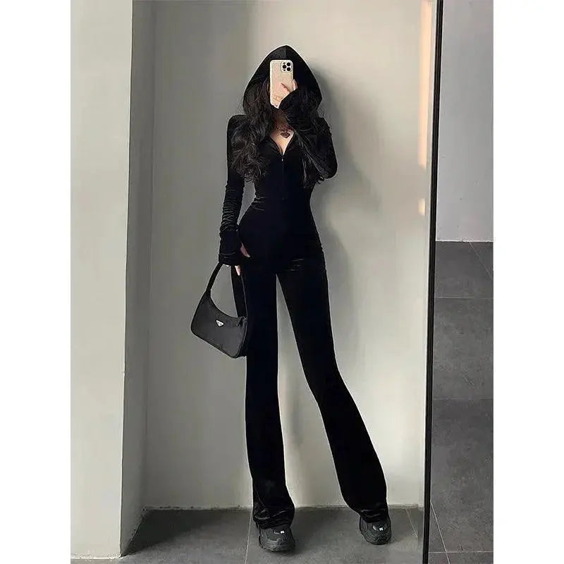 TVVOVVIN Black Velvet Hooded Jumpsuit Romper Elegant Style