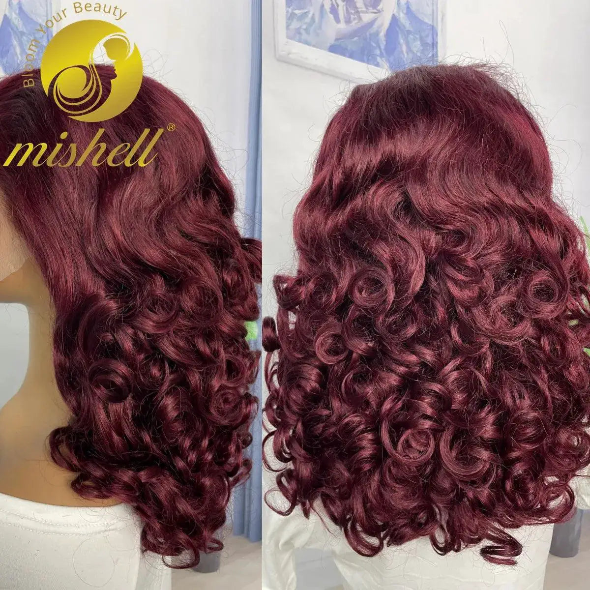 16 Inch Burgundy 99J Pre Plucked Full Lace Curly Bob Wig