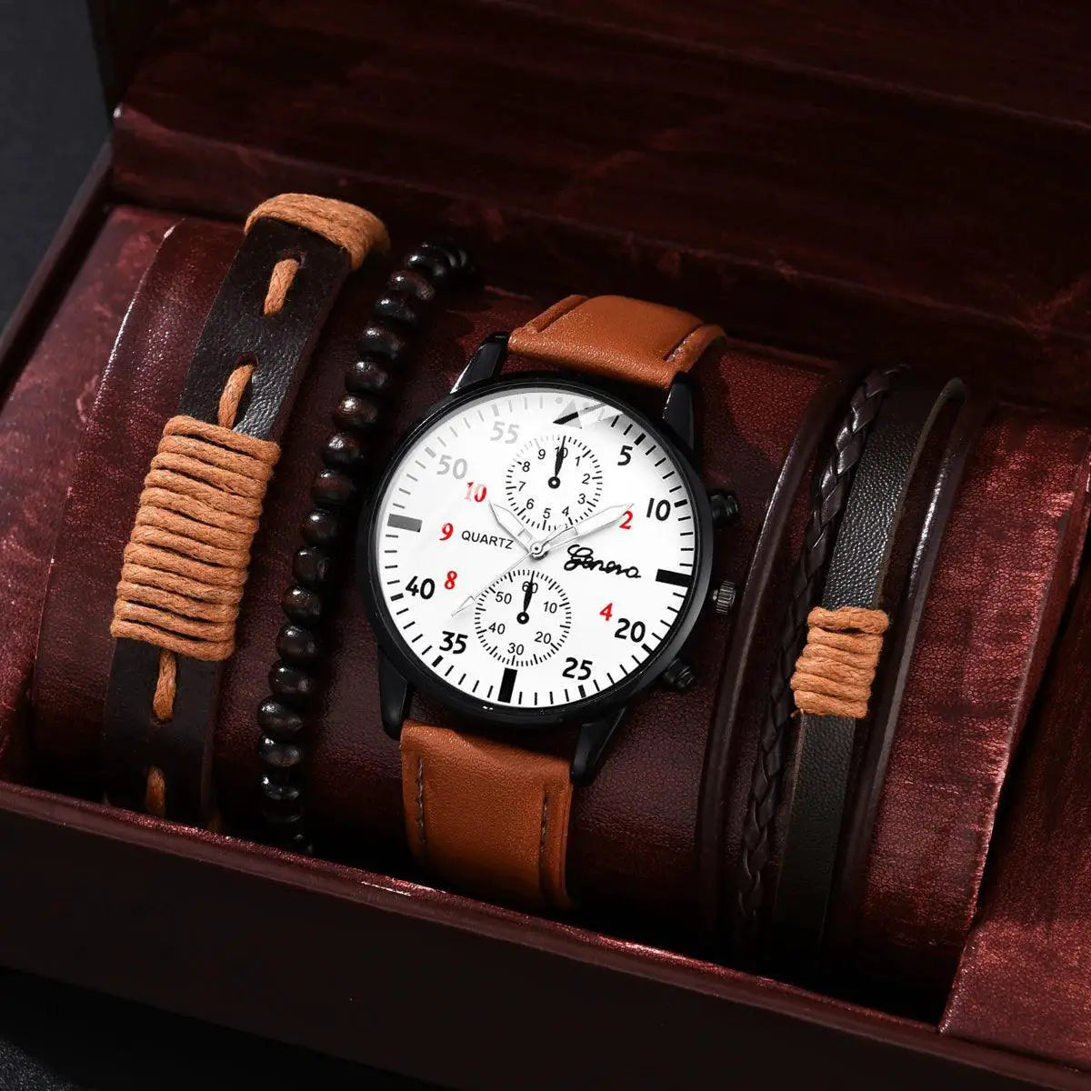 Luxury Mens Leather Watch Set Four Piece For Elegant Style