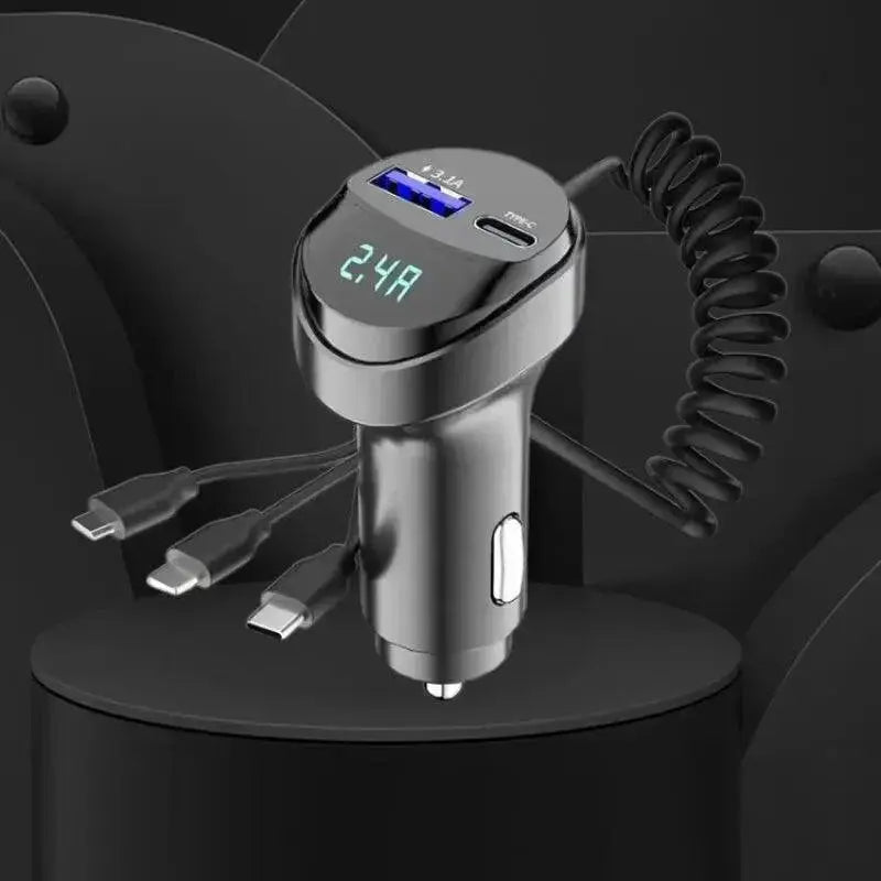 Car Charger Dual Ports Voltage Display Retractable USB Cable