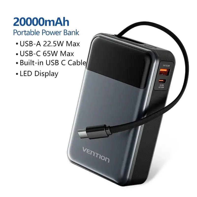 Vention 65W Power Bank 20000mAh Built-in USB-C Cable Portable Powerbank for Laptop PD Fast Charger for iPhone 18 Samsung S26 S25