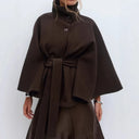 Belted Stand Collar Cape Coat