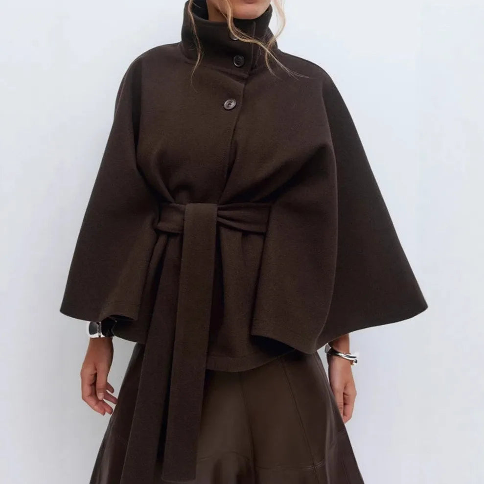Belted Stand Collar Cape Coat