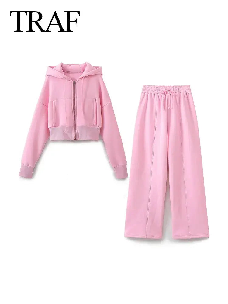 TRAF 2024 Spring Women Casual Hoodies Zipper Coat Set
