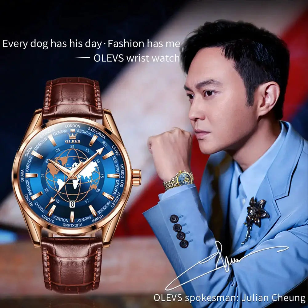 OLEVS 9926 Men's Watches Original Fashion Quartz Wristwatch Waterproof Luminous Globe Watch Dial Chronograph Date Reloj Hombre