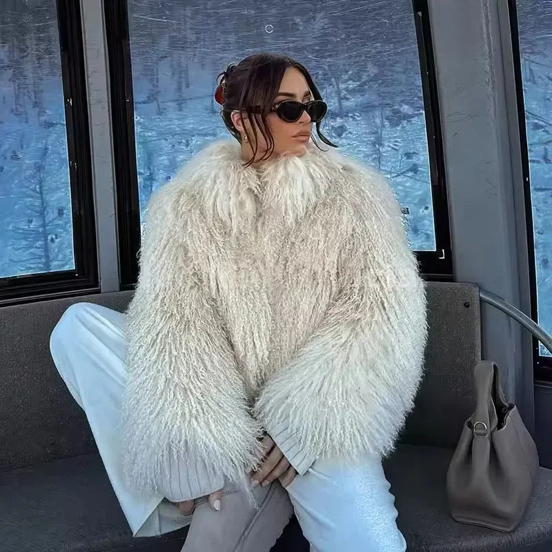 Wool Lapel Faux Fur Coat