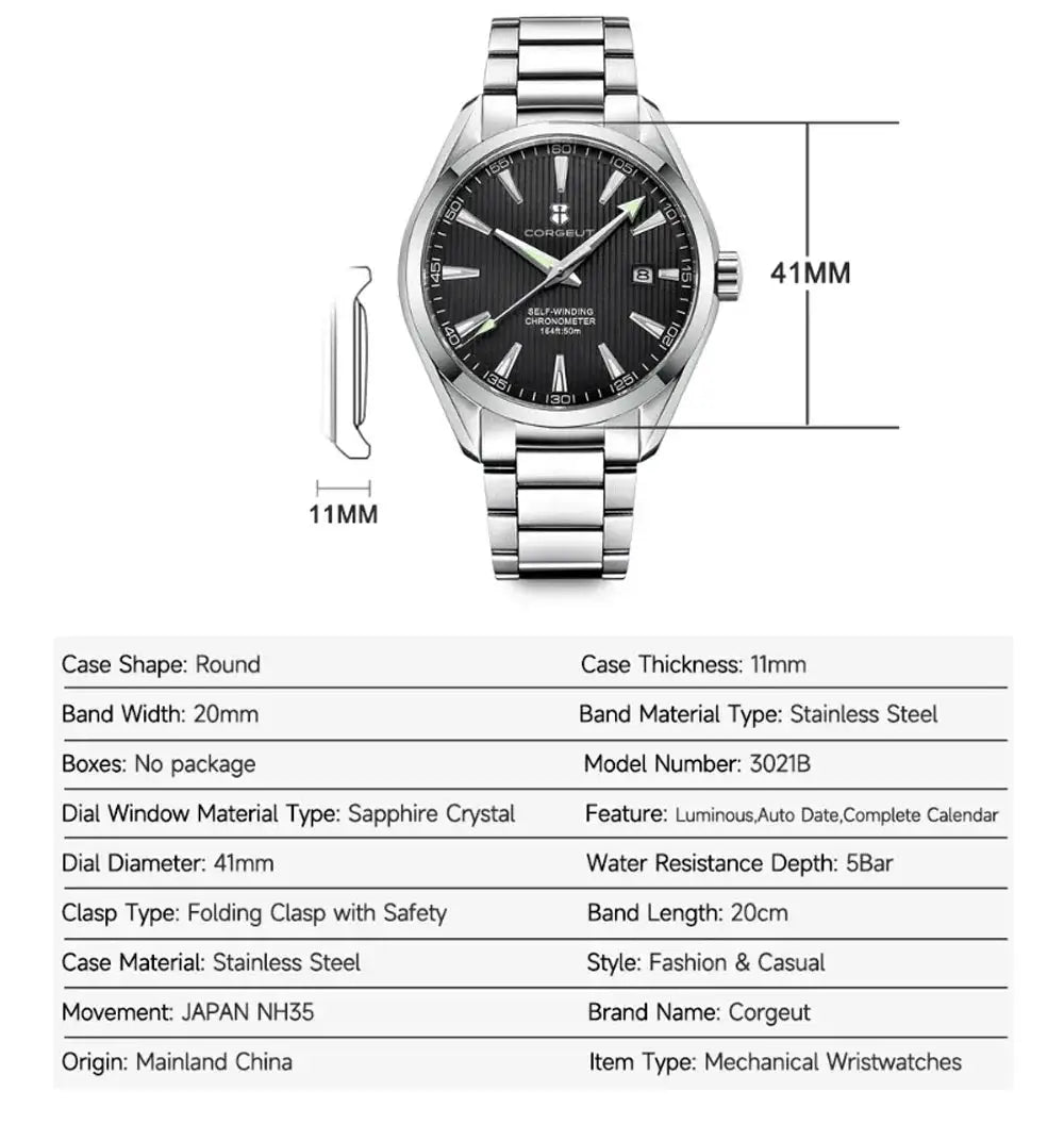 Corgeut 41mm Luxury NH35 Movt Man Sport Clock Automatic Relogio Masculino Mechanical Wristwatch Sapphire Steel Band Men's Watch
