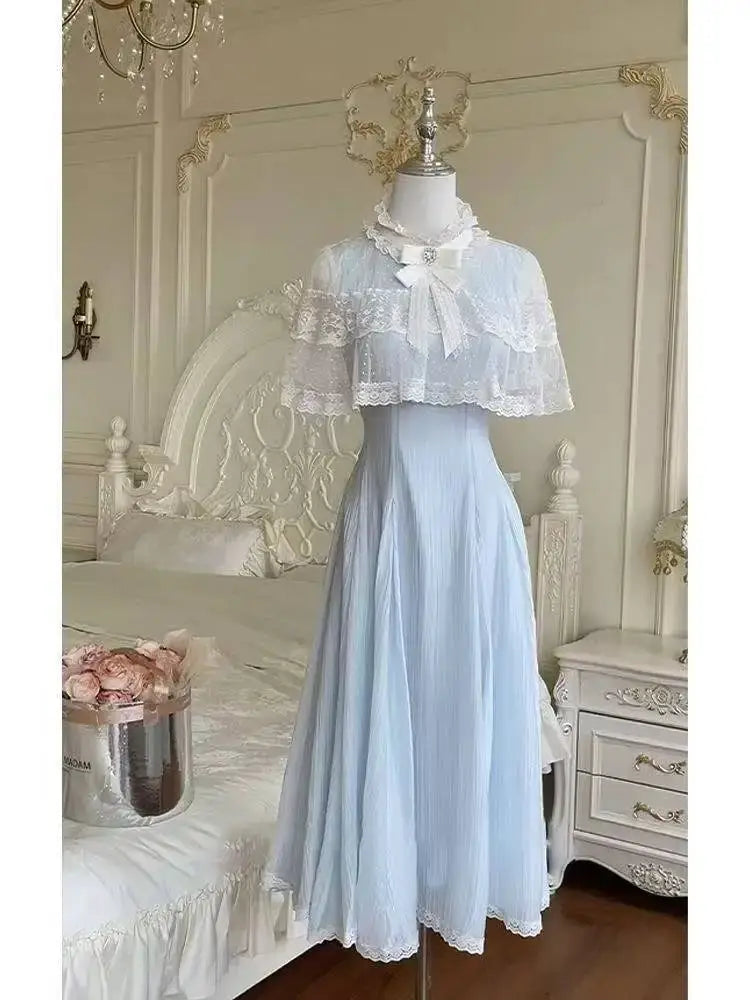 Summer Fashion Sweet Bow Stand Collar Vestidos Mujer Y2k Lace Short Sleeve Dress for Women New High Waist Dresses Chic