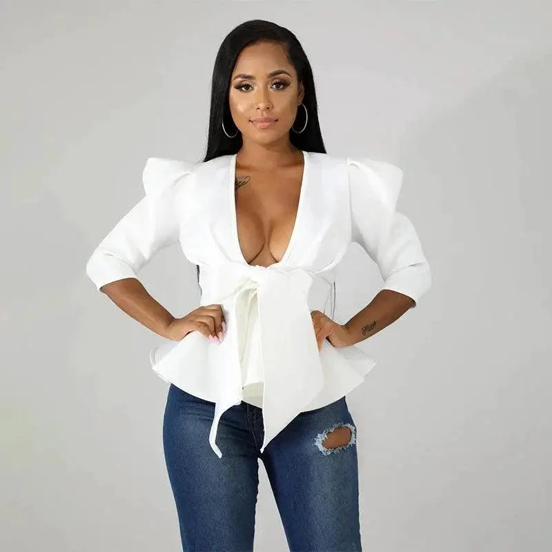 Peplum Chic Deep V Neck Womens Evening Blouse Night