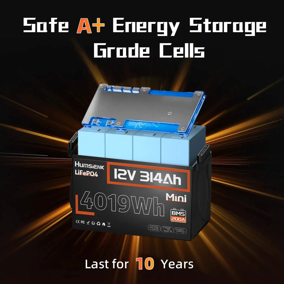 Humsienk 12V 314Ah LiFePO4 Battery, Size MINI, Capacity 4019Wh, Built-in 200A BMS, 15000+ Deep Cycle, For Fishing, Portable Power Station, Golf Cart, Boat, Marine, Off-Grid, Solar, 5-Year Warranty