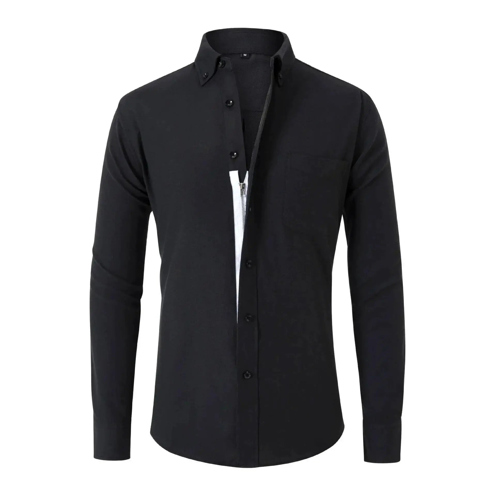 Mens Oxford Spun Shirt Zipper Long Sleeve Solid Color