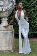 Mozision Deep V Neck Draped Maxi Dresses for Women Halter Backless Club Elegance