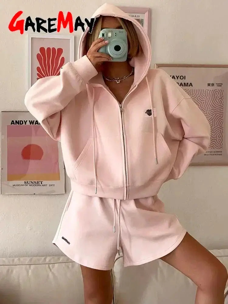 Spring Women's Summer Suit with Shorts Cotton Oversize Pink Top and Shorts Set Two-piece Casual Tracksuit with Shorts for Women