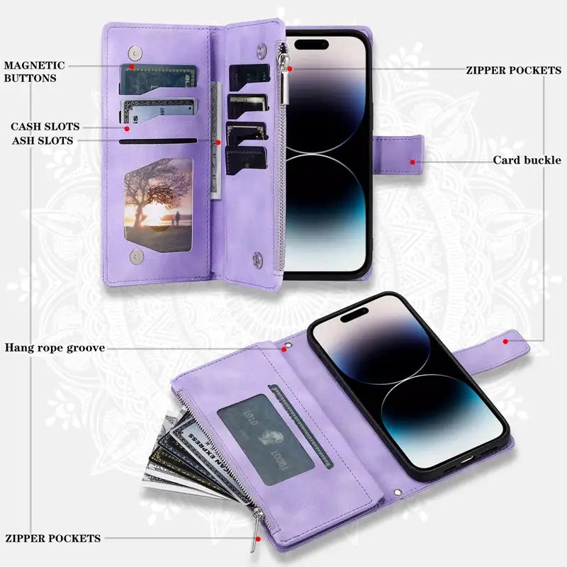 Luxury Zipper Wallet Case for iPhone 17 18 16 Pro Max 16E 15 13 12 11 Pro Plus XR XS Max 7 8 SE Embossed Leather Card Phone Bag