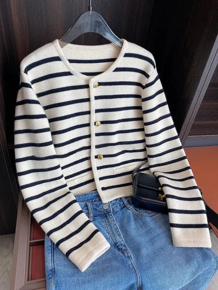 Striped Knit Cardigan For Women Stylish O Neck Sweater