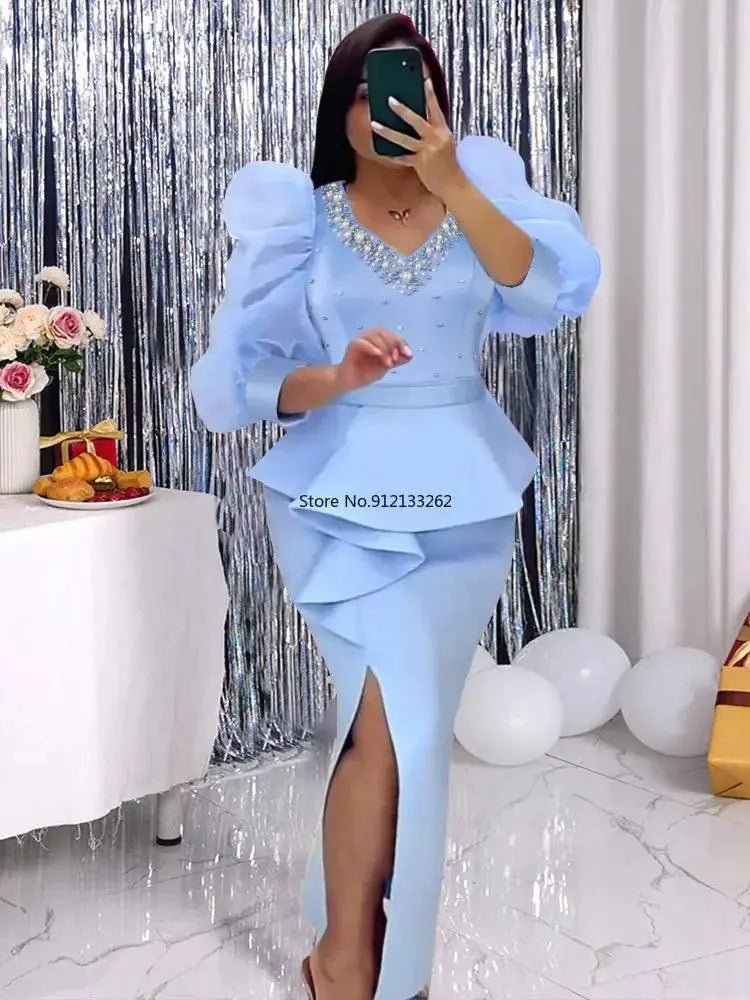 Blue Beaded Lantern Sleeve Peplum Dress Nightwear Elegance