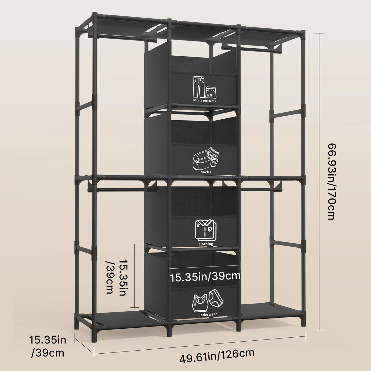 Freestanding Wardrobe Closet Dustproof Hanging Rods & Drawers — product view 10