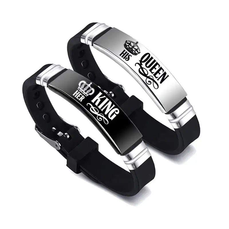 2Pcs/Set His Queen Her King Couple Minimalist Bracelet Stainless Steel Adjustable Silicone Strap Bangle Valentine's Day Gift