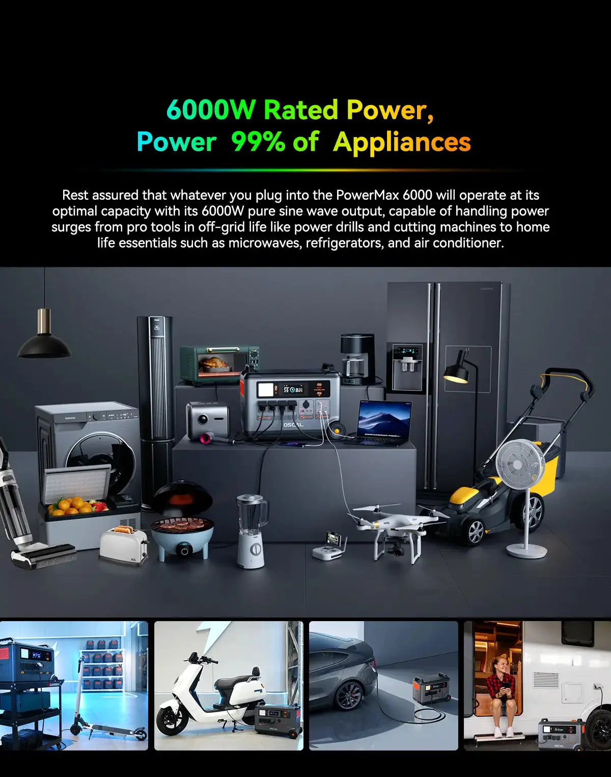 OSCAL PowerMax 6000 watt generator Whole Home Solar Generator, 3600Wh LiFePO4 | 6000W (9000W Surge) | 1.96 H Charge | DC/AC Bi-Directional Inverter | for Home Emergency, Outdoor Camping，Hurricane Backup