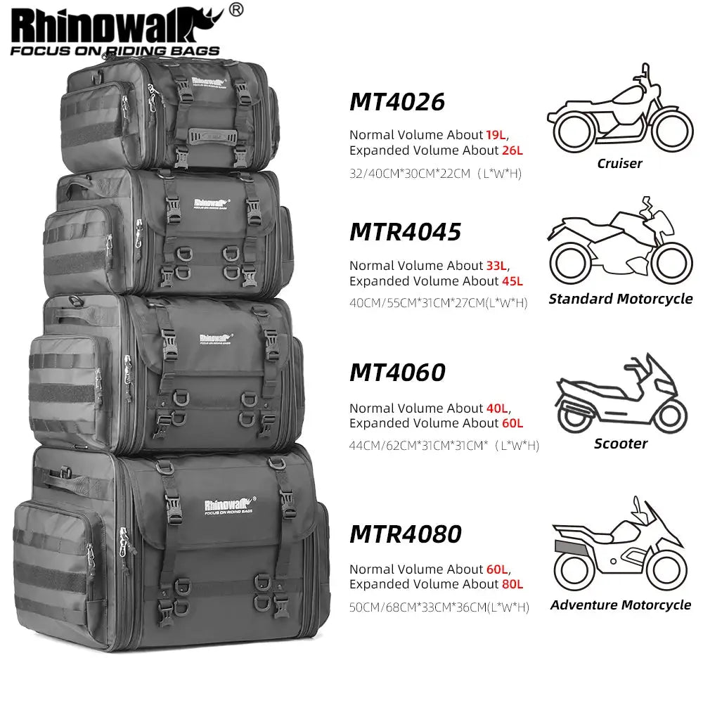 Rhinowalk Motorcycle Rear Seat Bag Travel Luggage Waterproof 19L-80L Expandable Motor Tail/Trunk/Rack Bag For Most Motorcycle