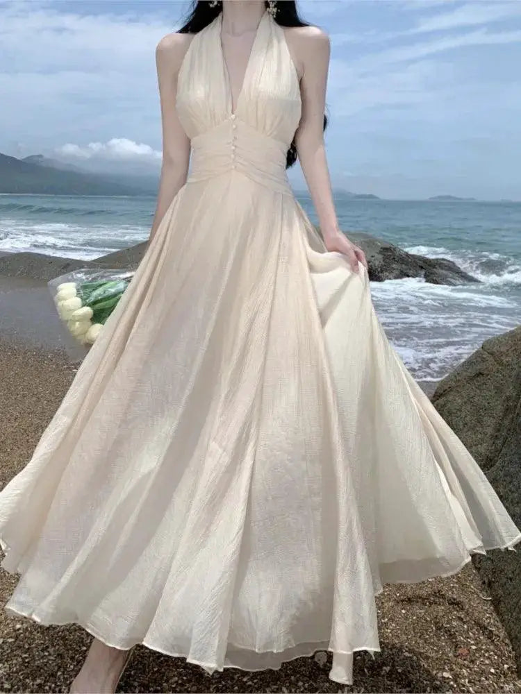 Elegant White Maxi Dress Halter Gown For Beach Wedding